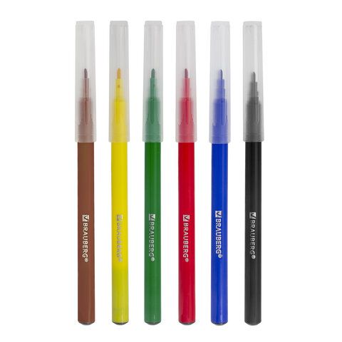 Фломастеры BRAUBERG 6 шт. &quot;PREMIUM&quot;, 6 цветов, КЛАССИЧЕСКИЕ, вентилируемый колпачок, ПВХ-упаковка с европодвесом, 151933