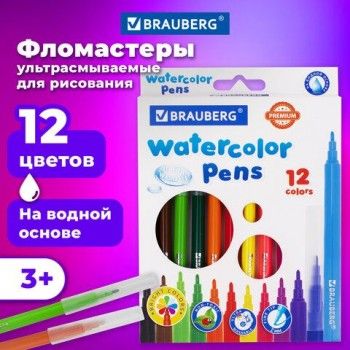 Фломастеры BRAUBERG "PREMIUM", 12 цветов, УЛЬТРАСМЫВАЕМЫЕ, классические, вентилируемый колпачок, картонная коробка с европодвесом, 151938