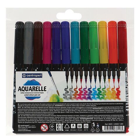 Маркеры-кисти акварельные 12 ЦВЕТОВ CENTROPEN "Aquarelle", линия письма 1-9 мм, 8683/12ET, 6 8683 1201