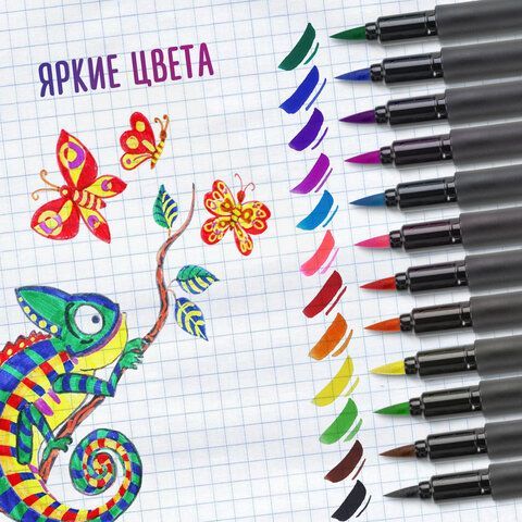 Фломастеры с наконечником-кистью 12 цветов, вентилируемый колпачок, BRAUBERG &quot;PREMIUM&quot;, 152195