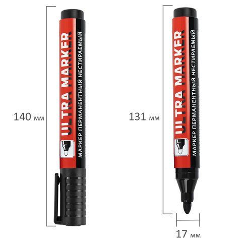 Маркер перманентный ULTRA MARKER, ЧЕРНЫЙ, 3,5 мм, с клипом, BRAUBERG 12 шт., 152204