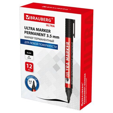 Маркер перманентный ULTRA MARKER, ЧЕРНЫЙ, 3,5 мм, с клипом, BRAUBERG 12 шт., 152204