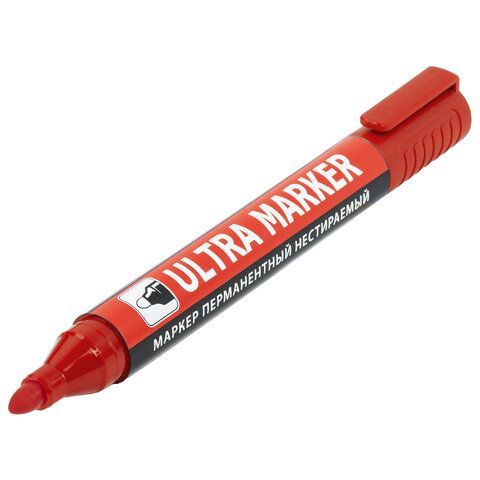 Маркер перманентный ULTRA MARKER, КРАСНЫЙ, 3,5 мм, с клипом, BRAUBERG 12 шт., 152205