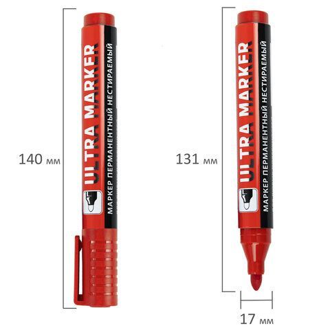 Маркер перманентный ULTRA MARKER, КРАСНЫЙ, 3,5 мм, с клипом, BRAUBERG 12 шт., 152205