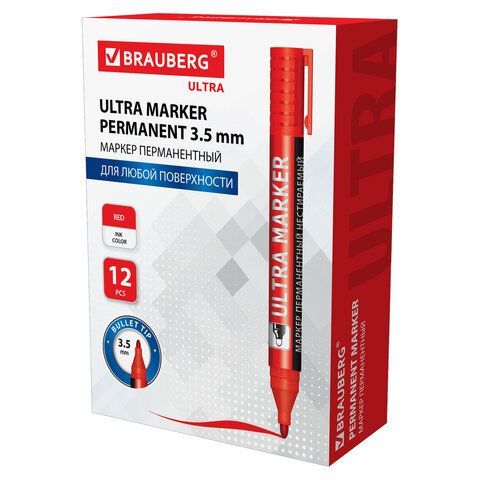 Маркер перманентный ULTRA MARKER, КРАСНЫЙ, 3,5 мм, с клипом, BRAUBERG 12 шт., 152205