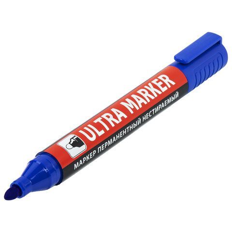 Маркер перманентный ULTRA MARKER, СИНИЙ, 3,5 мм, с клипом, BRAUBERG 12 шт., 152206