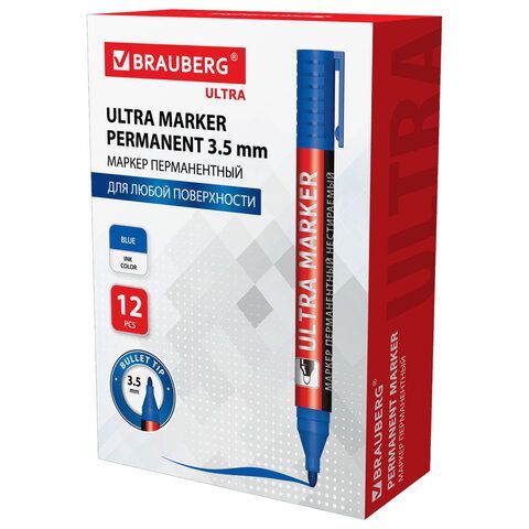 Маркер перманентный ULTRA MARKER, СИНИЙ, 3,5 мм, с клипом, BRAUBERG 12 шт., 152206