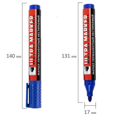 Маркер перманентный ULTRA MARKER, СИНИЙ, 3,5 мм, с клипом, BRAUBERG 12 шт., 152206