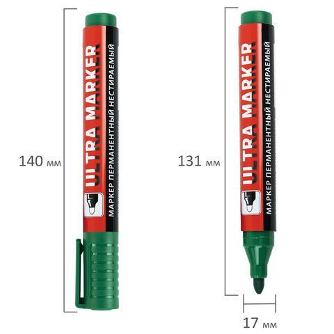 Маркер перманентный ULTRA MARKER, ЗЕЛЕНЫЙ, 3,5 мм, с клипом, BRAUBERG 12 шт., 152207