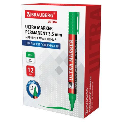 Маркер перманентный ULTRA MARKER, ЗЕЛЕНЫЙ, 3,5 мм, с клипом, BRAUBERG 12 шт., 152207