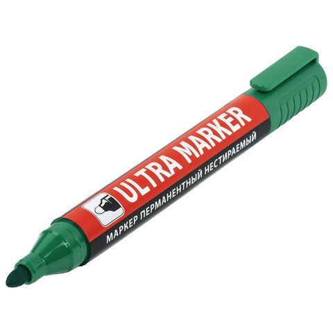 Маркер перманентный ULTRA MARKER, ЗЕЛЕНЫЙ, 3,5 мм, с клипом, BRAUBERG 12 шт., 152207