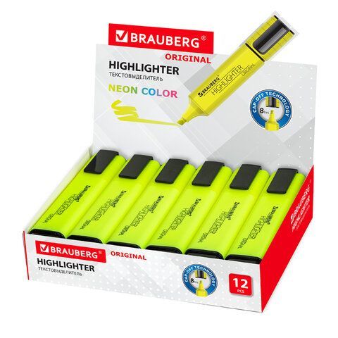 Текстовыделитель BRAUBERG 3 шт. &quot;ORIGINAL NEON&quot;, ЖЕЛТЫЙ, линия письма 1-5 мм, 152211