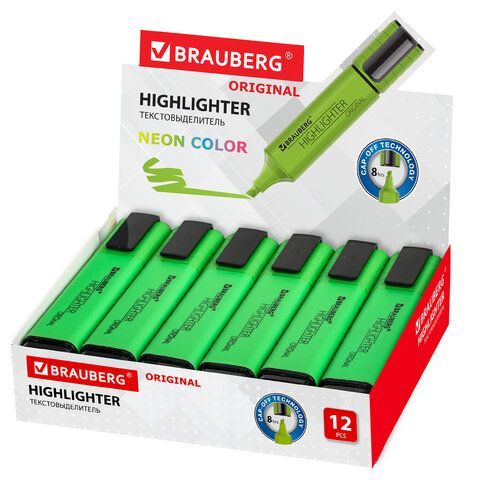 Текстовыделитель BRAUBERG 3 шт. &quot;ORIGINAL NEON&quot;, ЗЕЛЕНЫЙ, линия письма 1-5 мм, 152212