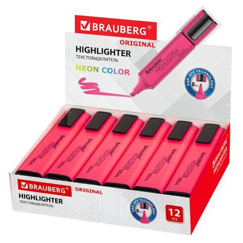 Текстовыделитель BRAUBERG 3 шт. &quot;ORIGINAL NEON&quot;, РОЗОВЫЙ, линия письма 1-5 мм, 152213