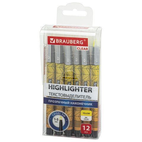 Текстовыделитель с прозрачным наконечником BRAUBERG 3 шт. &quot;Clear&quot;, ЖЕЛТЫЙ, линия 1-5 мм, 152424