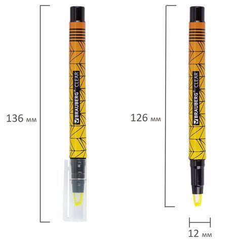 Текстовыделитель с прозрачным наконечником BRAUBERG 3 шт. &quot;Clear&quot;, ЖЕЛТЫЙ, линия 1-5 мм, 152424