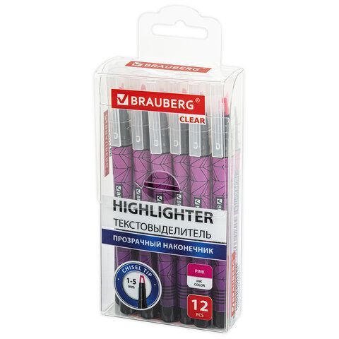 Текстовыделитель с прозрачным наконечником BRAUBERG 3 шт. &quot;Clear&quot;, РОЗОВЫЙ, линия 1-5 мм, 152425
