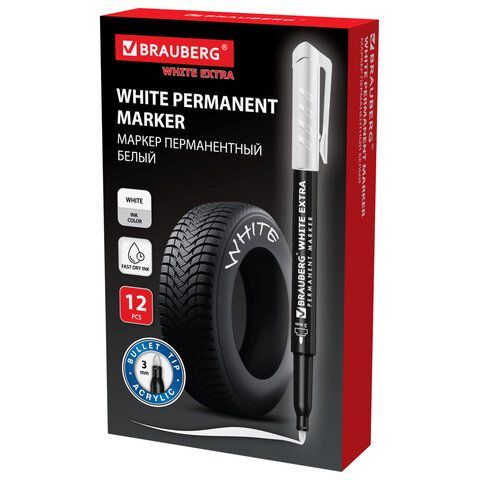 Маркер перманентный BRAUBERG 4 шт. WHITE EXTRA, БЕЛЫЙ, круглый наконечник 3 мм, 152488