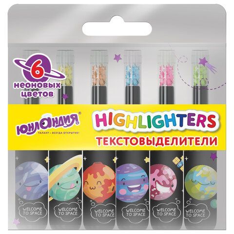 Набор текстовыделителей ЮНЛАНДИЯ &quot;КОСМОС&quot;, 6 НЕОНОВЫХ ЦВЕТОВ, линия письма 1-5 мм, 152512