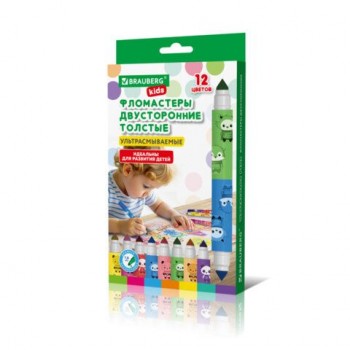 Фломастеры двусторонние толстые для малышей ультрасмываемые 6 штук/12 цветов, BRAUBERG KIDS, 152625