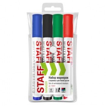 Маркеры стираемые для белой доски НАБОР 4 ЦВЕТА, STAFF 6 шт. "MANAGER" WBM-300, 3 мм, с клипом, 152637
