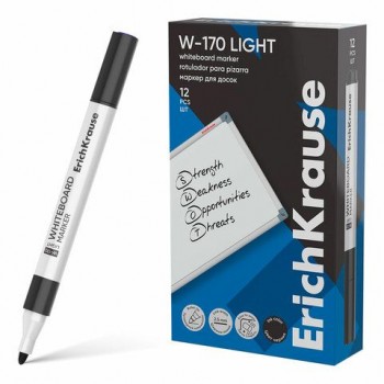 Маркер для доски ERICH KRAUSE 12 шт. "W-170 Light", ЧЕРНЫЙ, круглый наконечник, 2,5 мм, 6356, 63567