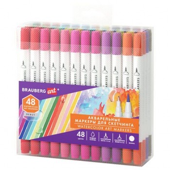 Маркеры акварельные для скетчинга двусторонние (кисть и линер) 48 цветов, BRAUBERG ART, 152667
