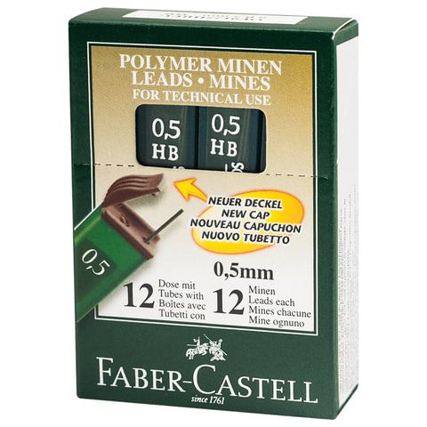 Грифели запасные 0,5 мм, HB, FABER-CASTELL 3 шт., КОМПЛЕКТ 12 шт., 521500