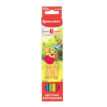 Карандаши цветные BRAUBERG 6 шт. "My lovely dogs", 6 цветов, заточенные, картонная упаковка, 180518