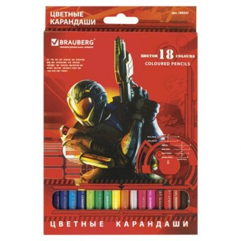 Карандаши цветные BRAUBERG "Star Patrol", 18 цветов, шестигранные, грифель 3 мм, натуральное дерево, 180547