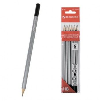 Карандаши чернографитные BRAUBERG 4 шт. НАБОР 6 шт., "Argentum", НВ, без резинки, заточенные, полибэг, 180605