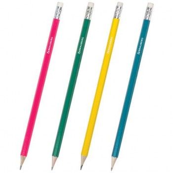 Карандаш чернографитный BRAUBERG 100 шт., 1 шт., "Fluor", НВ, с ластиком, корпус неоновый ассорти, заточенный, 180613