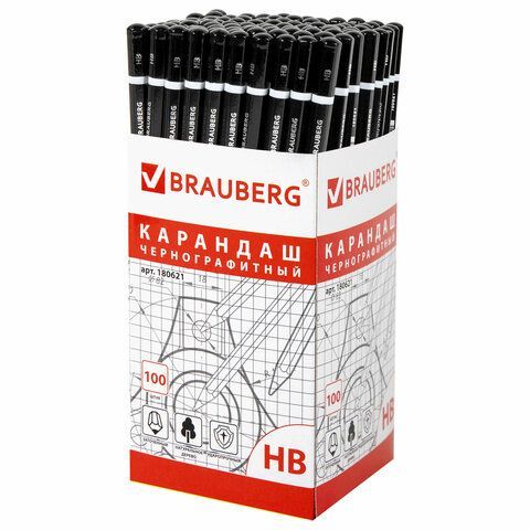 Карандаш чернографитный BRAUBERG 100 шт., 1 шт., &quot;Touch line&quot;, НВ, корпус черный, заточенный, 180621