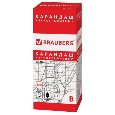 Карандаш чернографитный BRAUBERG 100 шт., 1 шт., &quot;Touch line&quot;, В, корпус черный, заточенный, 180622