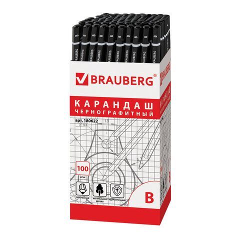 Карандаш чернографитный BRAUBERG 100 шт., 1 шт., &quot;Touch line&quot;, В, корпус черный, заточенный, 180622