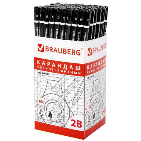 Карандаш чернографитный BRAUBERG 100 шт., 1 шт., &quot;Touch line&quot;, 2В, корпус черный, заточенный, 180623