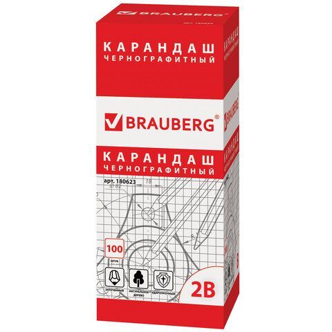 Карандаш чернографитный BRAUBERG 100 шт., 1 шт., &quot;Touch line&quot;, 2В, корпус черный, заточенный, 180623