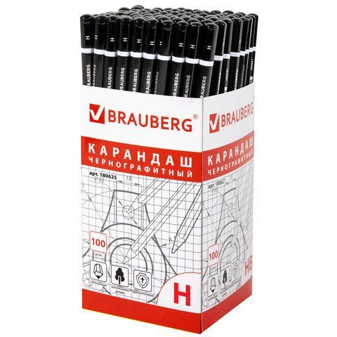 Карандаш чернографитный BRAUBERG 100 шт., 1 шт., &quot;Touch line&quot;, Н, корпус черный, заточенный, 180625
