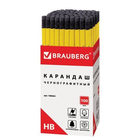 Карандаш чернографитный BRAUBERG 100 шт., 1 шт., &quot;Смайлики&quot;, НВ, c ластиком, корпус желтый, заточенный, 180654