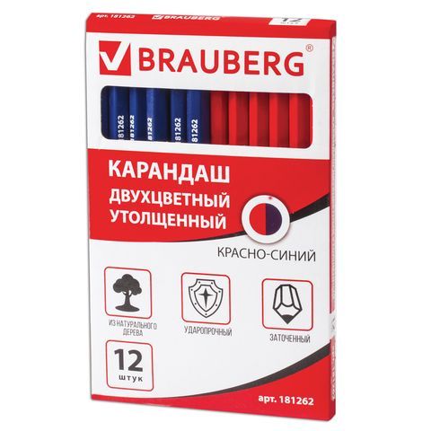 Карандаш двухцветный, красно-синий, утолщённый, BRAUBERG 4 шт., заточенный, грифель 4,0 мм, 181262