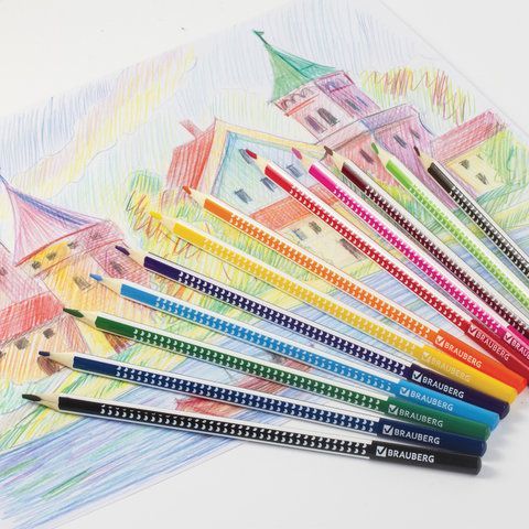 Карандаши цветные BRAUBERG &quot;Бабочки&quot;, набор 12 цветов, трехгранные, корпус с полосками, 181285