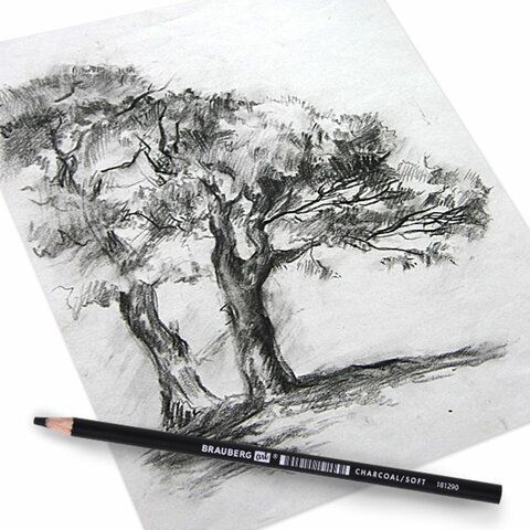 Карандаш (1 штука) угольный BRAUBERG ART 12 шт. CLASSIC, МЯГКИЙ, круглый, корпус черный, заточенный, 181290