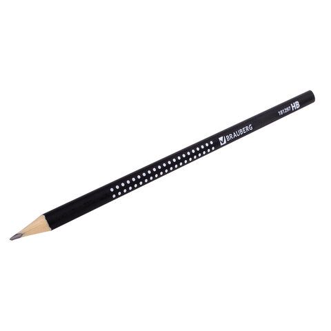 Карандаш чернографитный BRAUBERG 12 шт., 1 шт., &quot;Black&amp;White&quot;, HB, трехгранный, корпус черный, заточенный, 181297