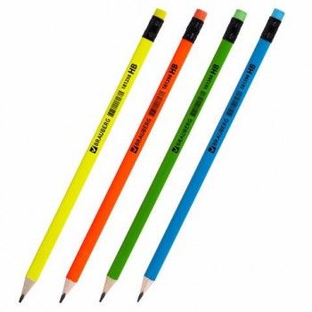 Карандаш чернографитный BRAUBERG 12 шт., 1 шт., "Neon", HB, трехгранный, с ластиком, корпус неоновый ассорти, 181298