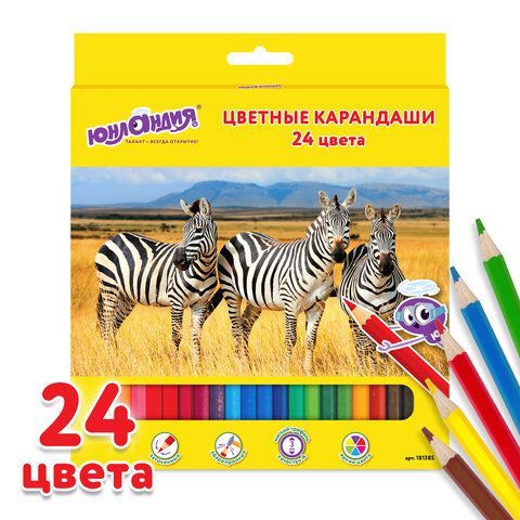 Карандаши цветные ЮНЛАНДИЯ &quot;МИР ЖИВОТНЫХ&quot;, 24 цвета, классические заточенные, 181385
