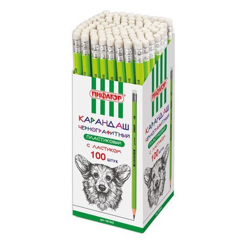 Карандаш чернографитный ПИФАГОР 100 шт., 1 шт., НВ, пластиковый, корпус салатовый, с ластиком, 181445