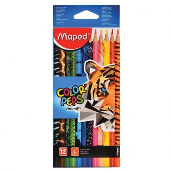 Карандаши цветные MAPED (Франция) "Color'Peps Animals'", 12 цветов, трехгранные, грифель 3 мм, натуральное дерево, 832212