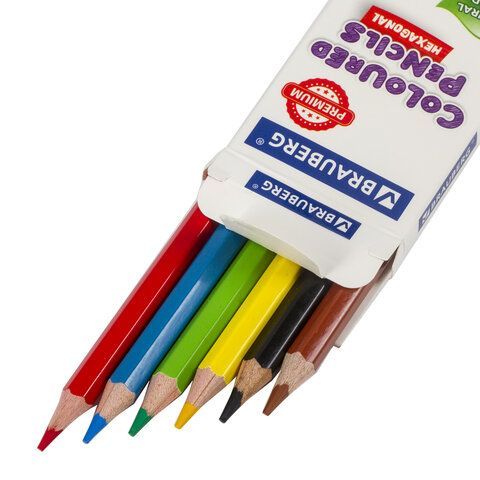 Карандаши цветные BRAUBERG 3 шт. PREMIUM, 6 цветов, шестигранные, грифель 3,3 мм, 181655