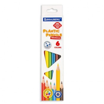 Карандаши цветные BRAUBERG 6 шт. PREMIUM, 6 цветов, пластиковые, трехгранные, грифель 3 мм, 181660