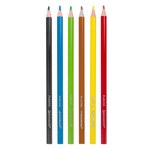 Карандаши цветные BRAUBERG 6 шт. PREMIUM, 6 цветов, пластиковые, трехгранные, грифель 3 мм, 181660